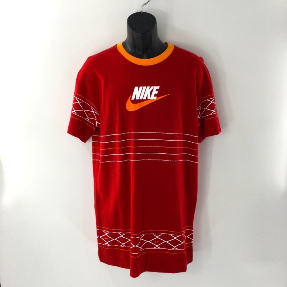 Nike Men T-Shirt Short Sleeves Red Stripes Orange Swoosh White Logo Sz S